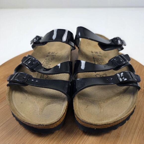 Birki's Sandals Womens Size 8 Black Patent Triple Strap Cork Footbed Shoes - Picture 2 of 13